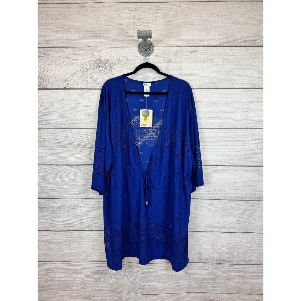 Dotti Plus Size Blue Perforated V-Neck Swim Cover-Up Dress Size 3X